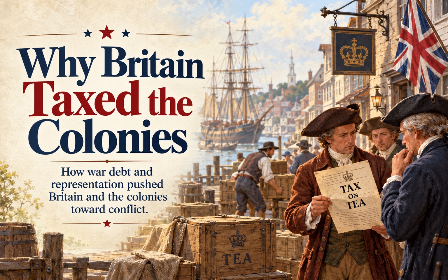 Illustration of colonial merchants discussing British taxes at a harbor, with the title Why Britain Taxed the Colonies.