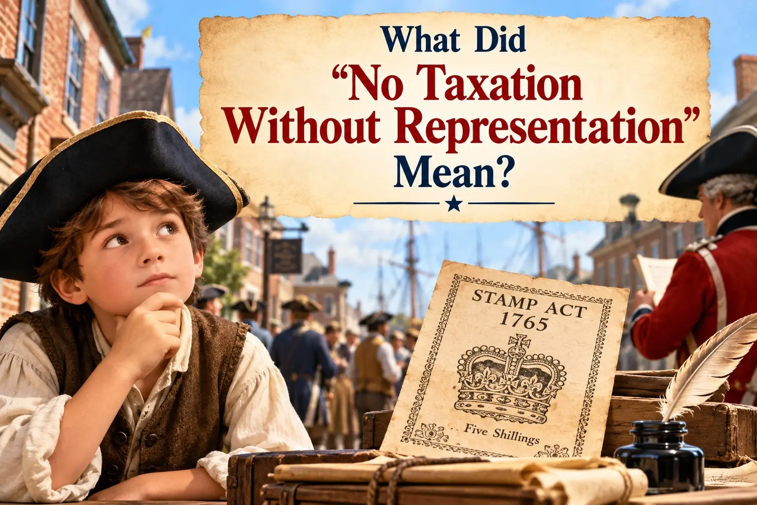 Colonial child considering the meaning of no taxation without representation beside a Stamp Act notice in a colonial harbor.
